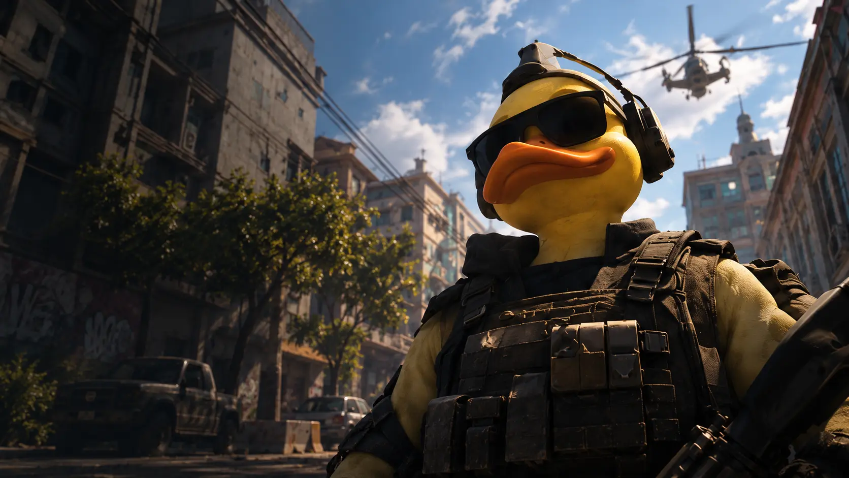 Arte conceptual provisional de un pato táctico en una calle urbana
